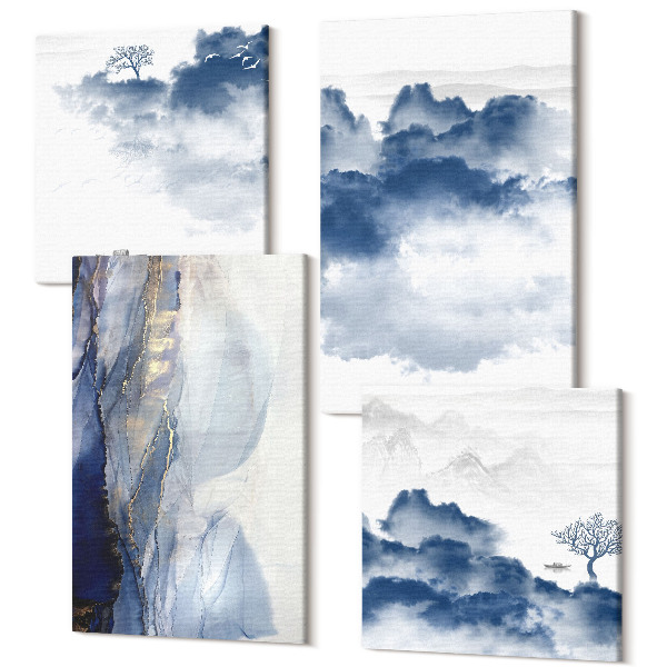 Sada obrazov na stenu kvadryptych Oblačné hory so stromami a vtákmi v pozadí