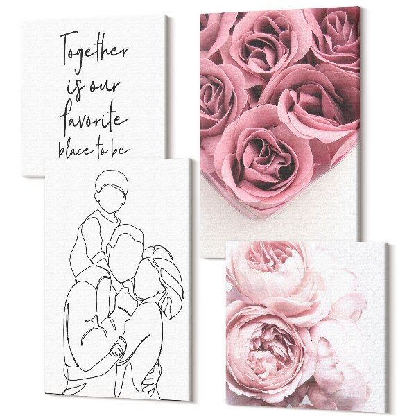 Sada obrazov kvadryptych Rodina line art ruže kytice domov nápis