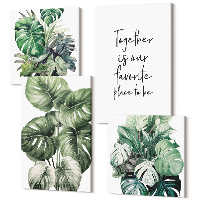 Sada 4 obrazov Zelené listy tropických rastlín s ozdobným nápisom