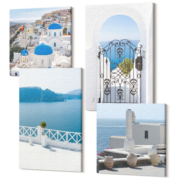 Sada obrazov na stenu kvadryptych Výhľad na more s bielymi budovami Grécko
