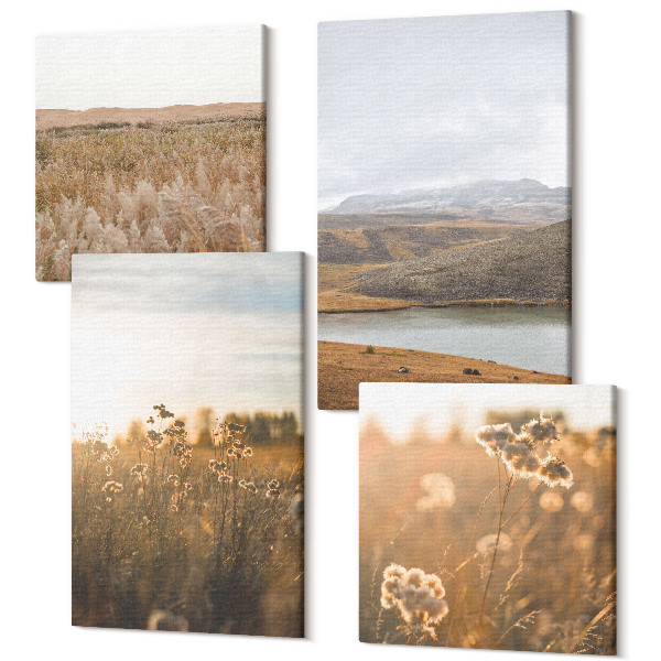 Sada obrazov kvadryptych Krajiny s lúkami, horami a jazerom v pozadí