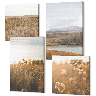 Sada obrazov kvadryptych Krajiny s lúkami, horami a jazerom v pozadí