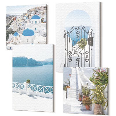 Sada obrazov kvadryptych Biele schody s rastlinami, výhľadom na more a bránou