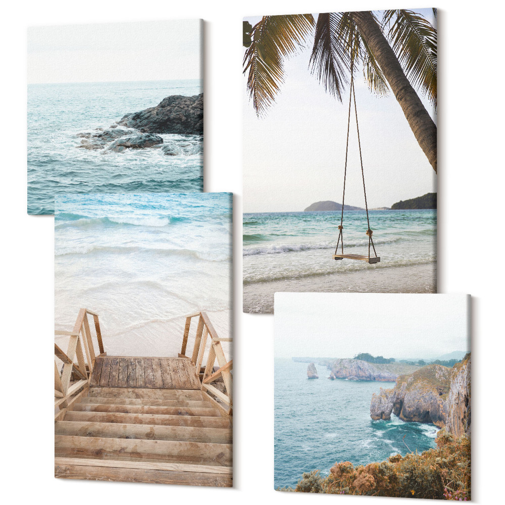 Sada obrazov na stenu kvadryptych Schody na pláž, výhľad na more a hojdačka s palmami
