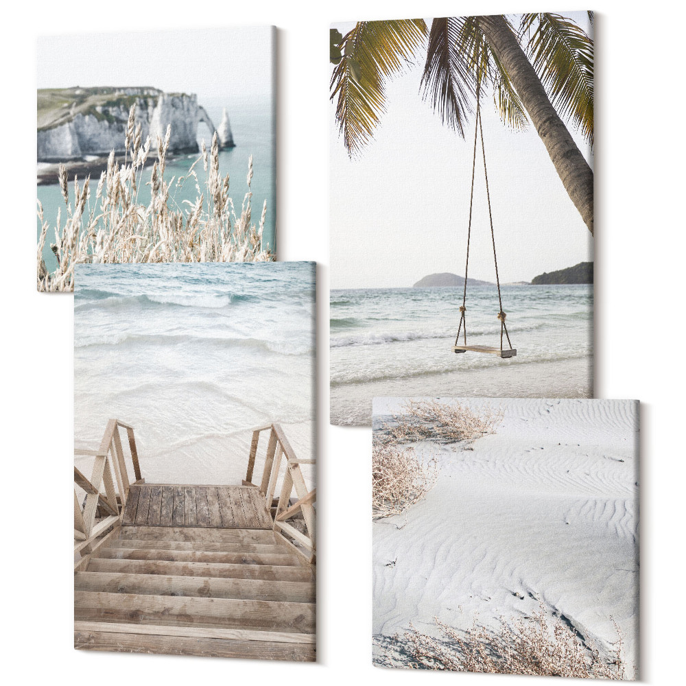 Sada 4 obrazov Pláž s drevenými schodmi a prímorskou hojdačkou