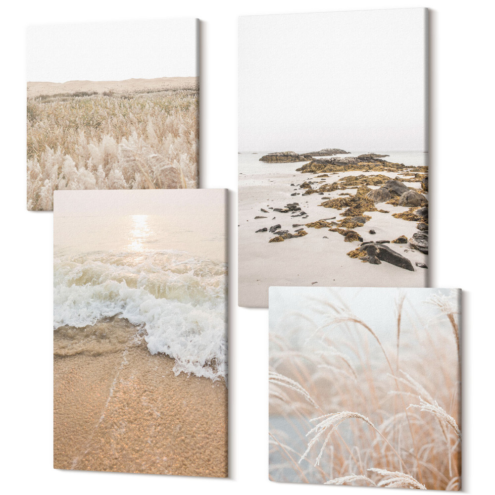 Sada 4 obrazov Pláž s vlnami a morskými kameňmi v lete