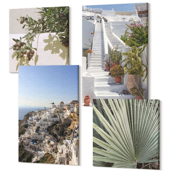 Sada 4 obrazov Biele schody na Santorini s výhľadom na mesto