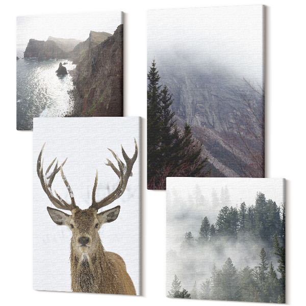 Sada obrazov na stenu kvadryptych Horská krajina s hmlou, vodou a jeleňmi