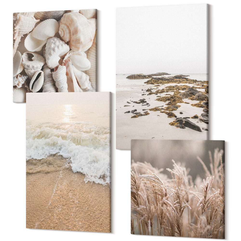 Sada obrazov kvadryptych Plážové trávové vlny a prímorské kamene boho