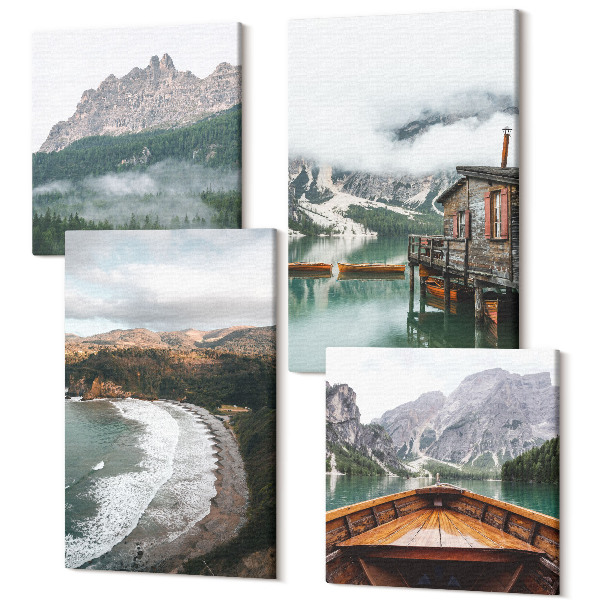 Sada obrazov na stenu kvadryptych Horská krajina s plážou, dreveným domom a loďou