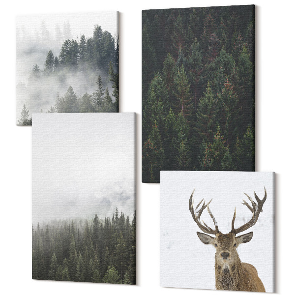 Sada 4 obrazov Zelené lesy v hmlistom prírodnom prostredí