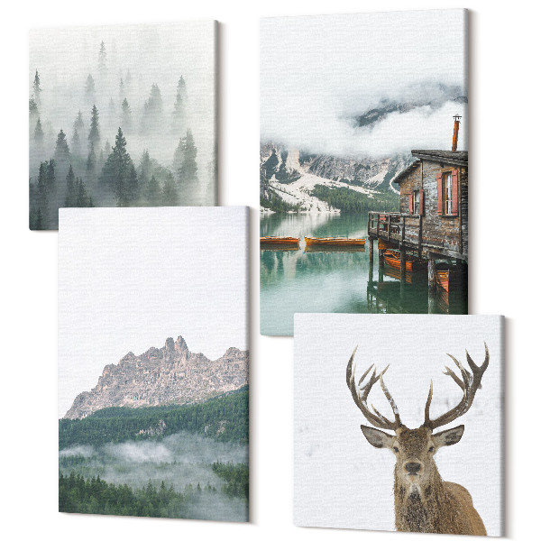 Sada obrazov na stenu kvadryptych Hory, jazero, jeleň, chata a hmla v lese