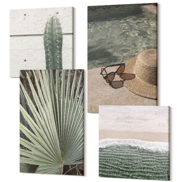 Sada 4 obrazov Tropické rastliny a doplnky na dovolenku pri vode