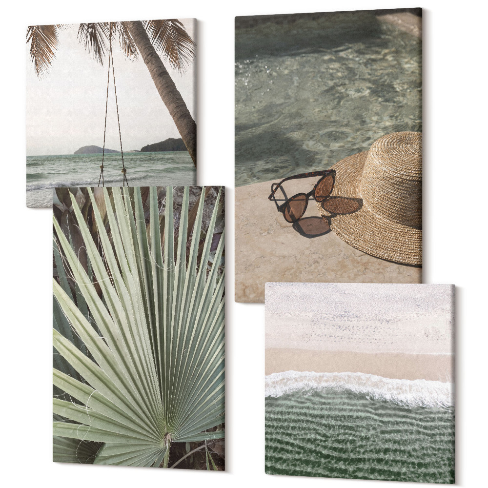Sada obrazov kvadryptych Dovolenka na pláži s hojdačkou z palmového listu
