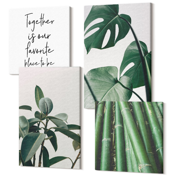 Sada obrazov na stenu kvadryptych Bambusové stonky, nápis rastlín a listy monstery