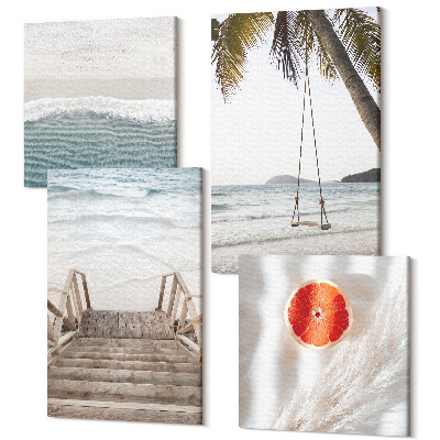 Sada obrazov kvadryptych Pláž s drevenými schodmi, dovolenková atmosféra