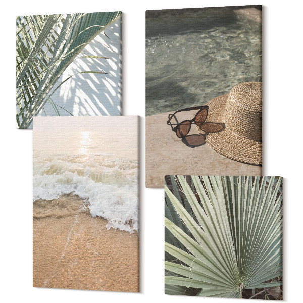 Sada 4 obrazov Vodný plážový klobúk a slnečné okuliare