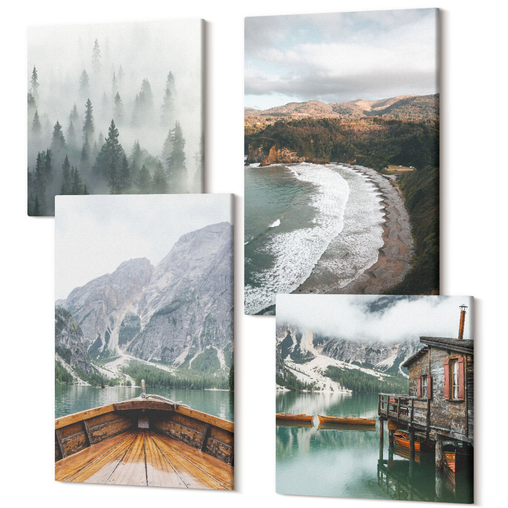 Sada obrazov kvadryptych Pohľad na hory na jazere s loďou, pláž, hmla v lese