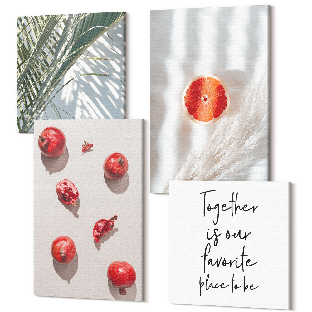 Sada obrazov na stenu kvadryptych Dovolenka tropické ovocie palmové listy nápisy