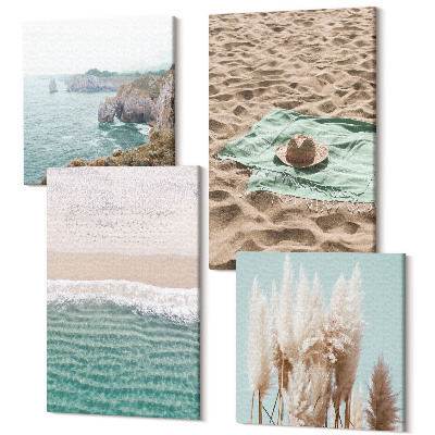Sada obrazov na stenu kvadryptych plážové vlny tráva klobúk piesok relax povaha
