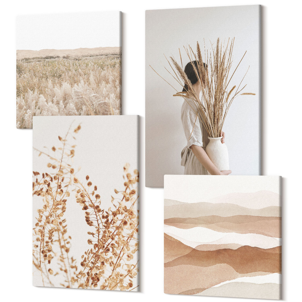 Sada 4 obrazov Rastlinné motívy abstraktný rustikálny boho štýl