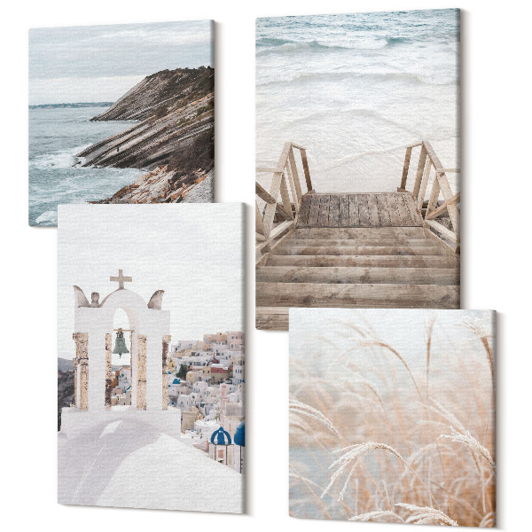 Sada 4 obrazov Výhľady na more a architektúru Santorini proti oblohe