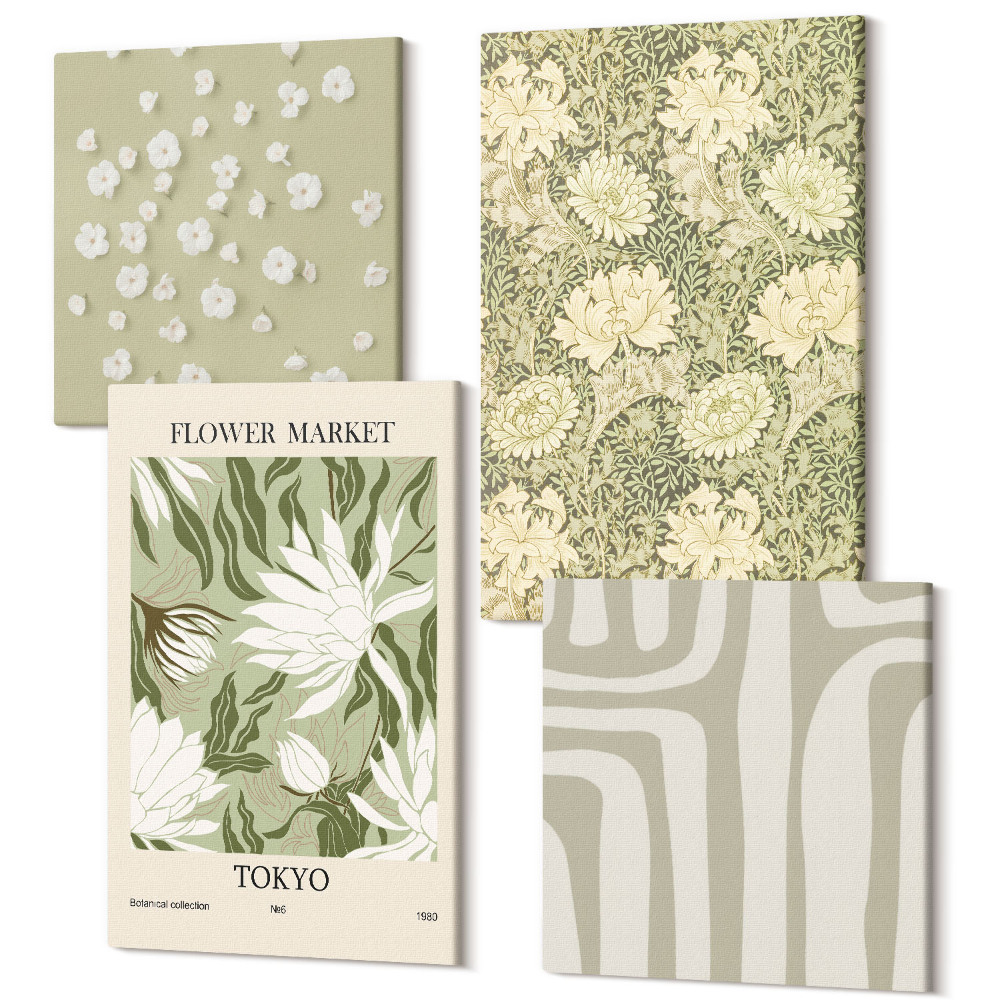 Sada 4 obrazov Boho rastlinné kompozície v pastelových farbách