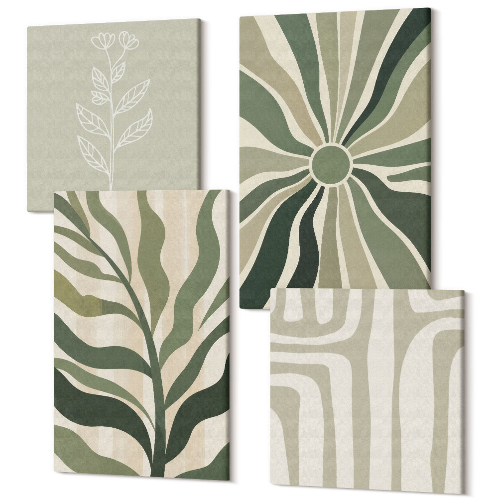 Sada 4 obrazov Rastlinné vzory v odtieňoch zeleného minimalizmu