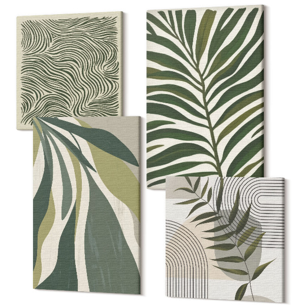 Sada 4 obrazov Vzory listov a vlnovky v pastelových ilustráciách