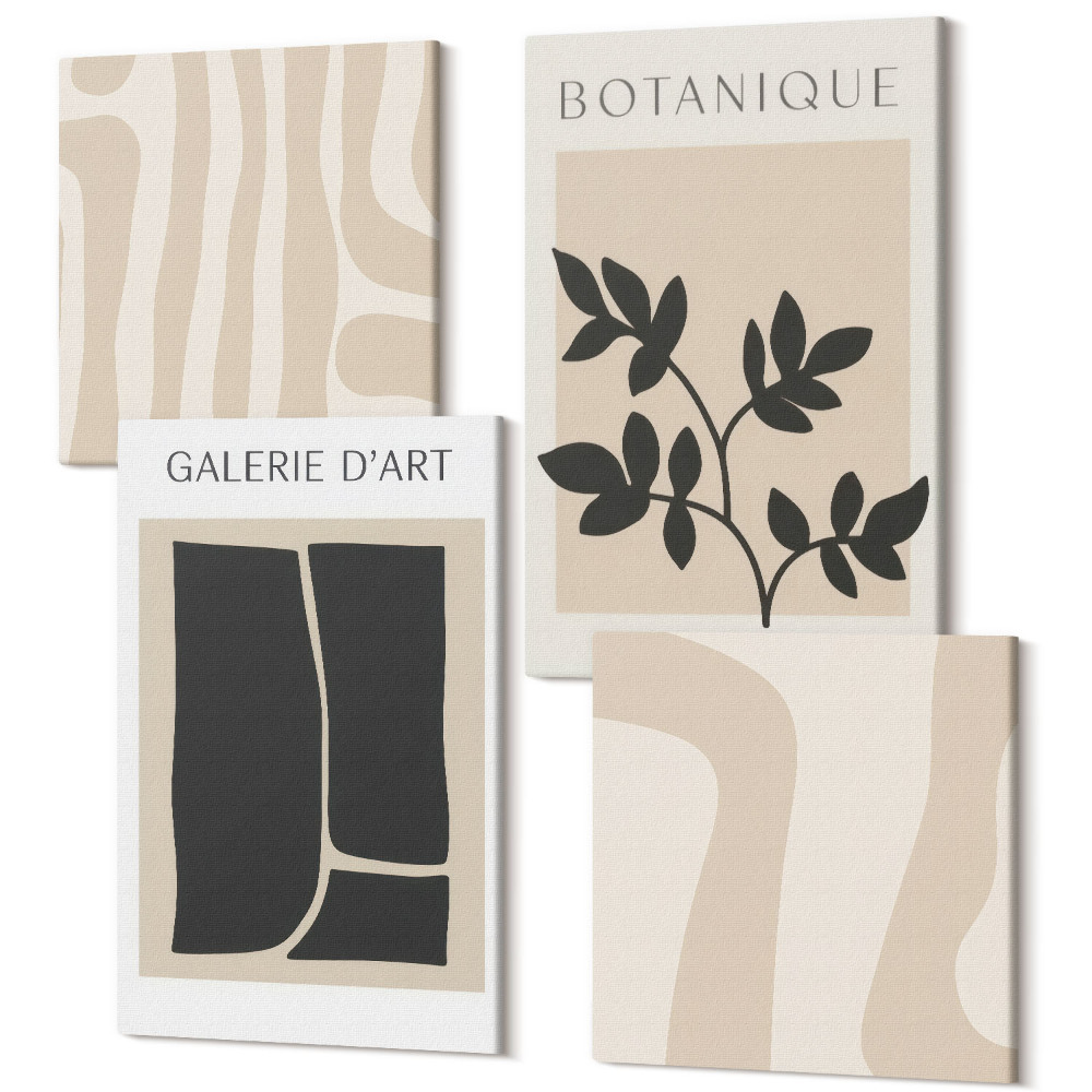 Sada 4 obrazov Abstraktné tvary a rastlinné motívy v neutrálnych tónoch