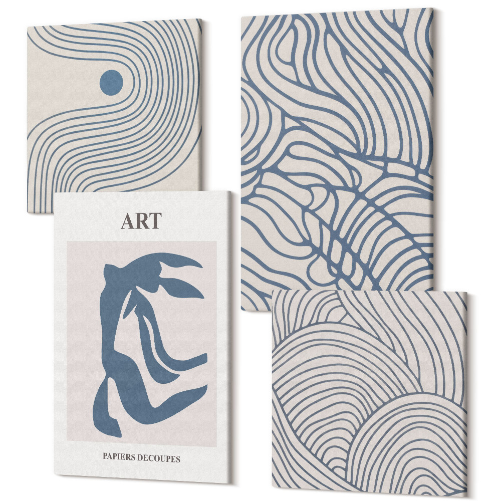 Sada 4 obrazov Abstraktné línie v odtieňoch modrej a béžovej