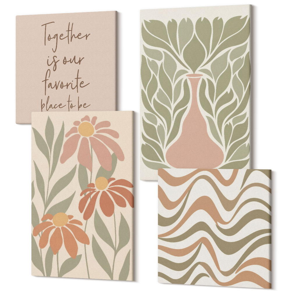 Sada obrazov na stenu kvadryptych Pastelové kvetinové ilustrácie abstraktný nápis