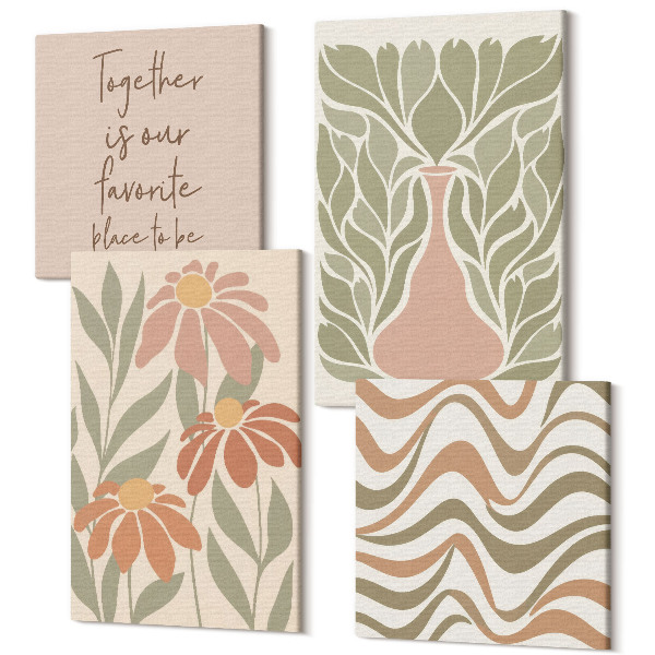 Sada obrazov na stenu kvadryptych Pastelové kvetinové ilustrácie abstraktný nápis