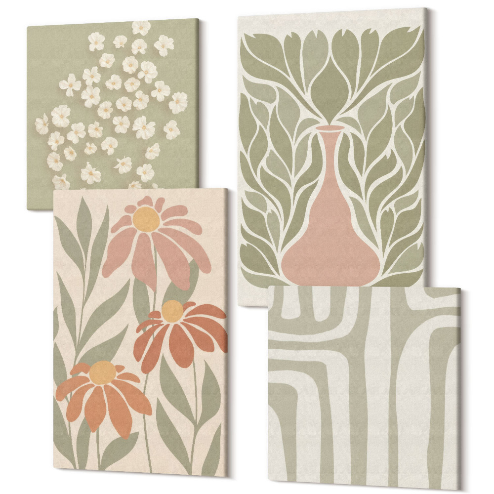 Sada 4 obrazov Kvetinové motívy, minimalistické vzory, boho štýl