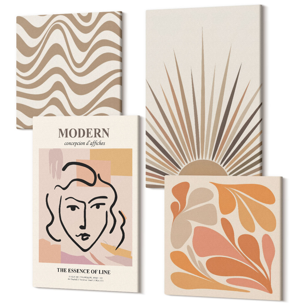 Sada obrazov kvadryptych Plagát Sun boho pastelových abstraktných tvarov