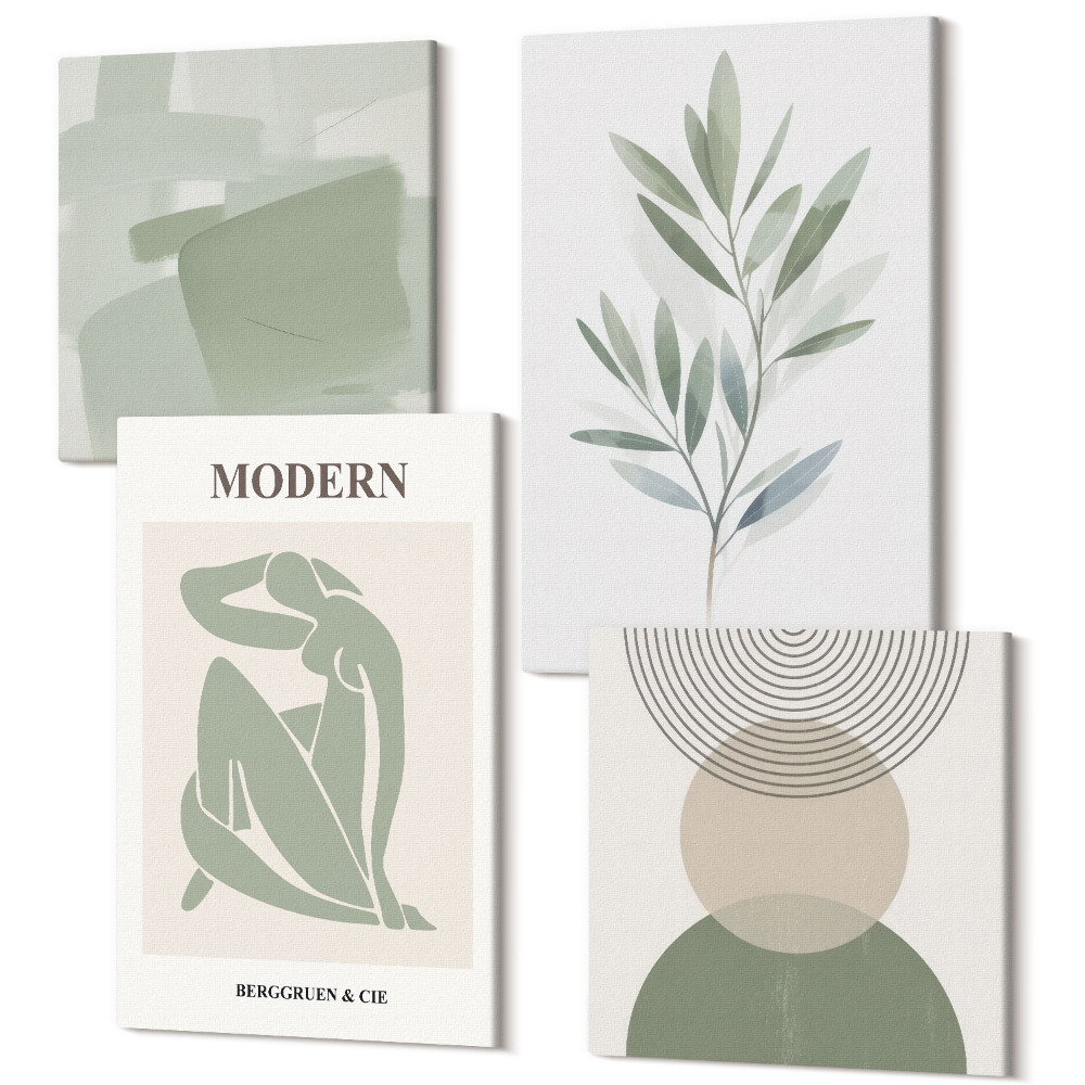 Sada obrazov na stenu kvadryptych Štýlová grafika s abstraktnými tvarmi a rastlinami