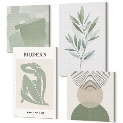 Sada obrazov na stenu kvadryptych Štýlová grafika s abstraktnými tvarmi a rastlinami