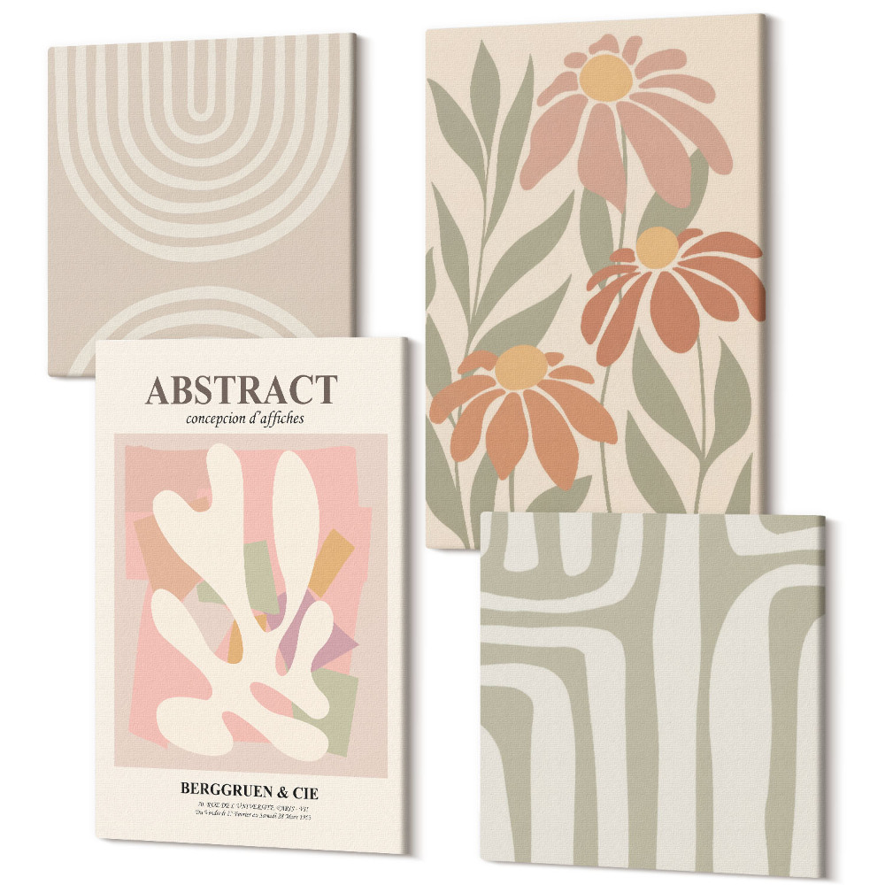 Sada 4 obrazov Abstraktné tvary s rastlinnými motívmi v pasteloch