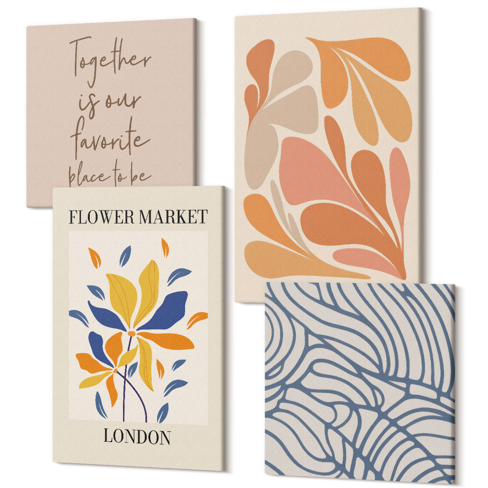 Sada obrazov kvadryptych Kvety v modernom štýle s abstraktnými vzormi