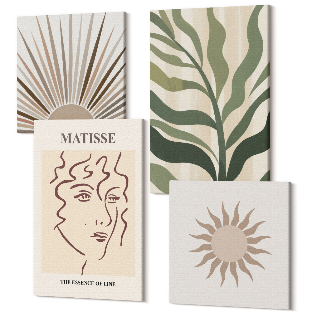 Sada 4 obrazov Abstraktné rastlinné vzory a línie v tlmených farbách