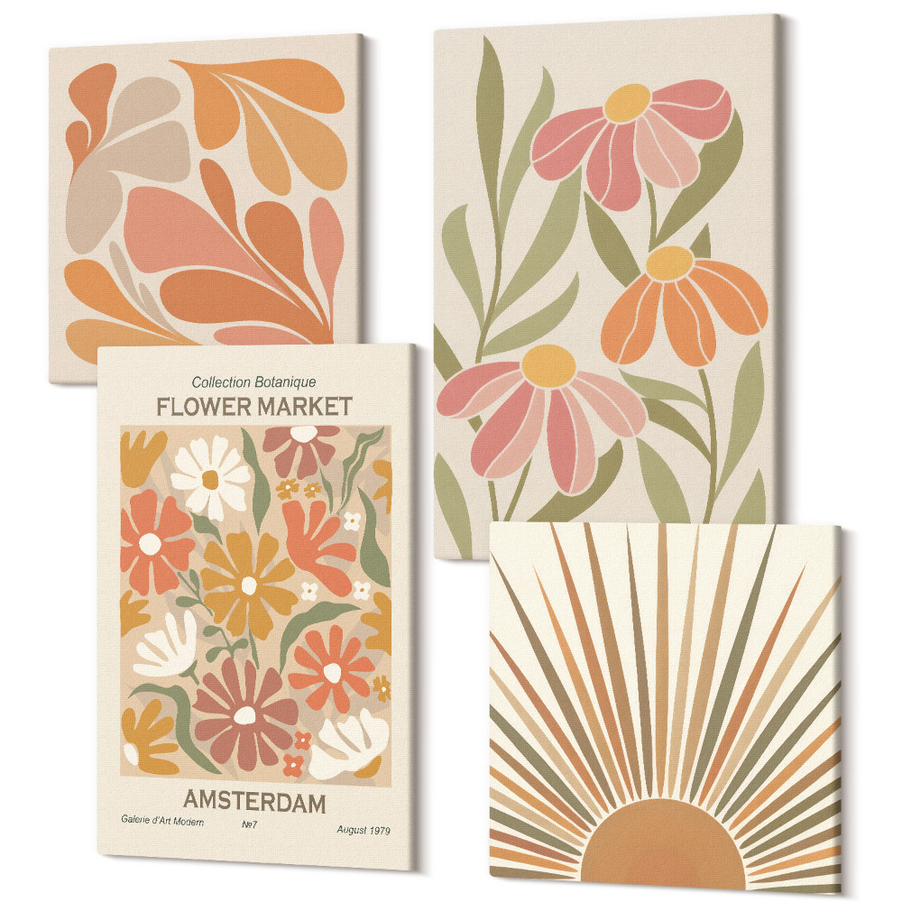 Sada obrazov kvadryptych Kvety v pastelových farbách so slnečnými lúčmi