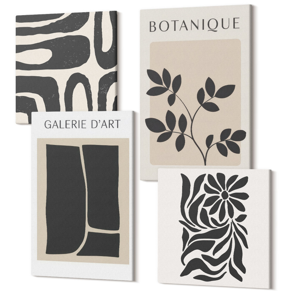 Sada 4 obrazov Abstraktné rastlinné vzory a geometrické tvary