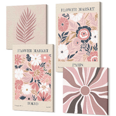 Sada obrazov kvadryptych Kvetinové vzory s listami a geometrickými tvarmi