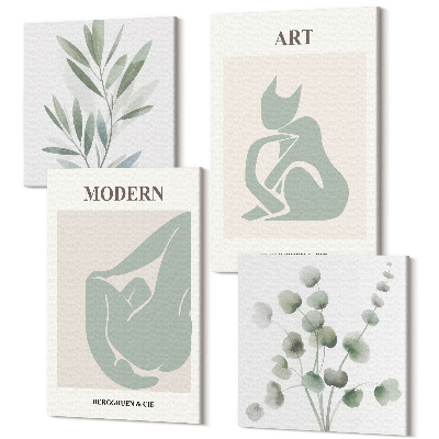 Sada 4 obrazov Rastlinné motívy v jemných odtieňoch zelenej