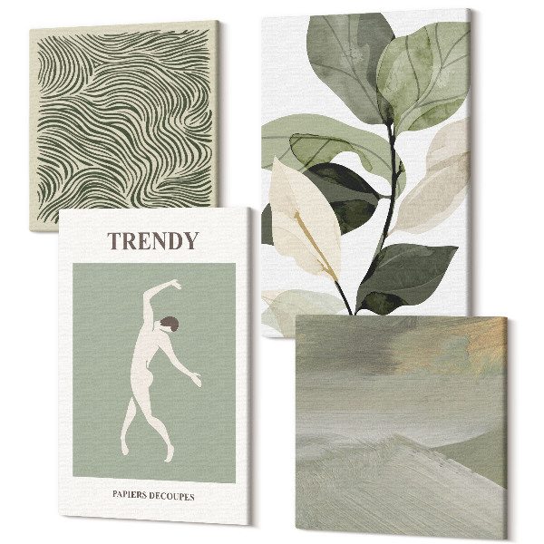 Sada 4 obrazov Rastlinné vzory so siluetami a abstraktnými formami
