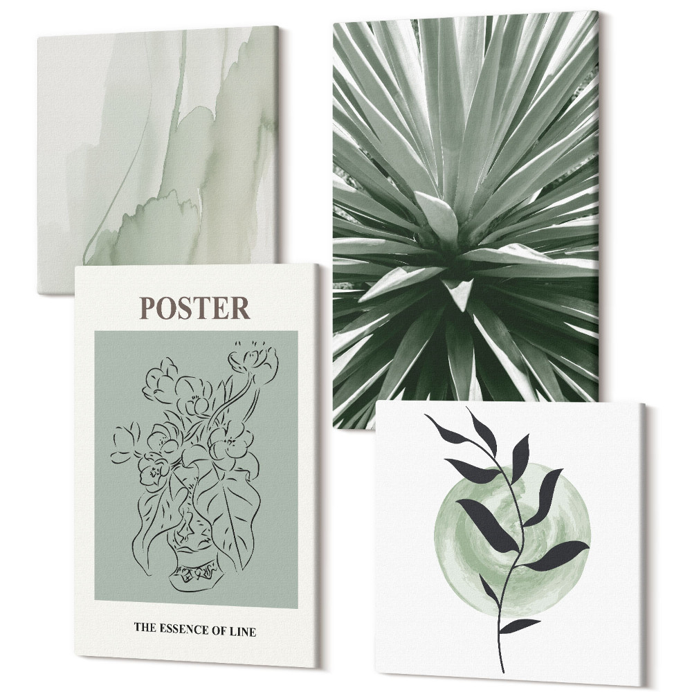 Sada 4 obrazov Rastlinné vzory v odtieňoch zelenej a béžovej