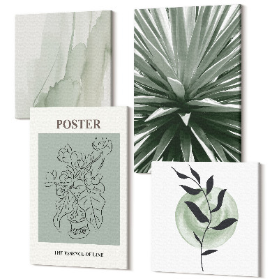 Sada 4 obrazov Rastlinné vzory v odtieňoch zelenej a béžovej