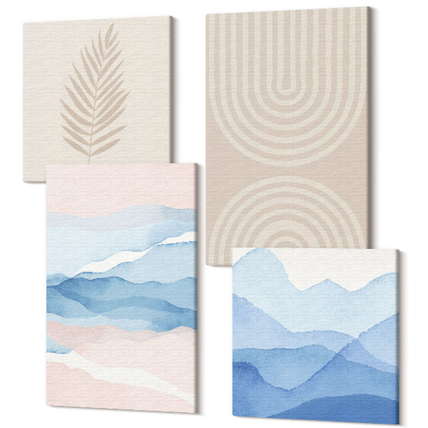 Sada obrazov kvadryptych Listy a vlny v odtieňoch béžovej a modrej