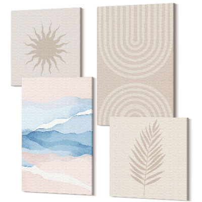 Sada obrazov na stenu kvadryptych Slnko, vlny a abstraktné línie v pastelových farbách