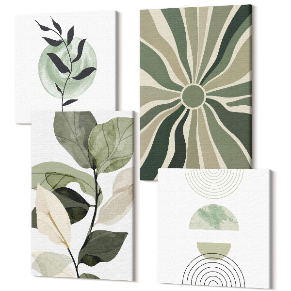 Sada obrazov na stenu kvadryptych Rastlinné motívy s geometrickými tvarmi v zelenej farbe